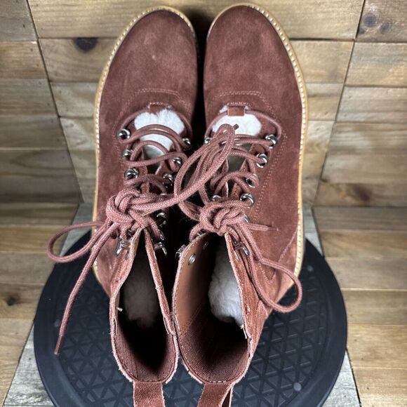 Marc Fisher LTD Lizzie Womens 7 Red Suede Leather Lace Up Fur Trim Ankle Boot - Picture 6 of 11